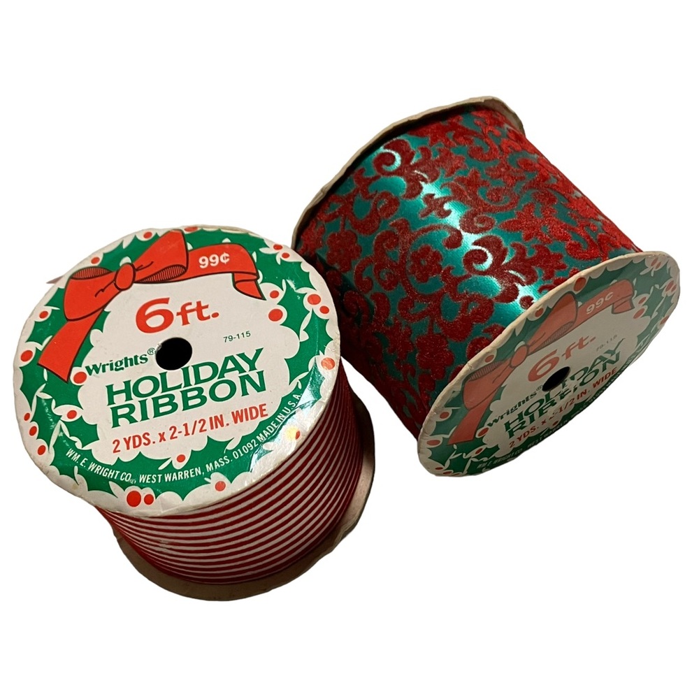 Vintage NEW Wrights Velvet Trim Christmas Holiday Ribbon Lot of 2 2 Yards Each